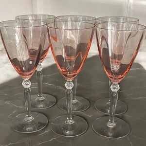 Optic Blush Pink Depression Glass Set of 6 Wine Glasses 8.25" Uranium Glow Stem